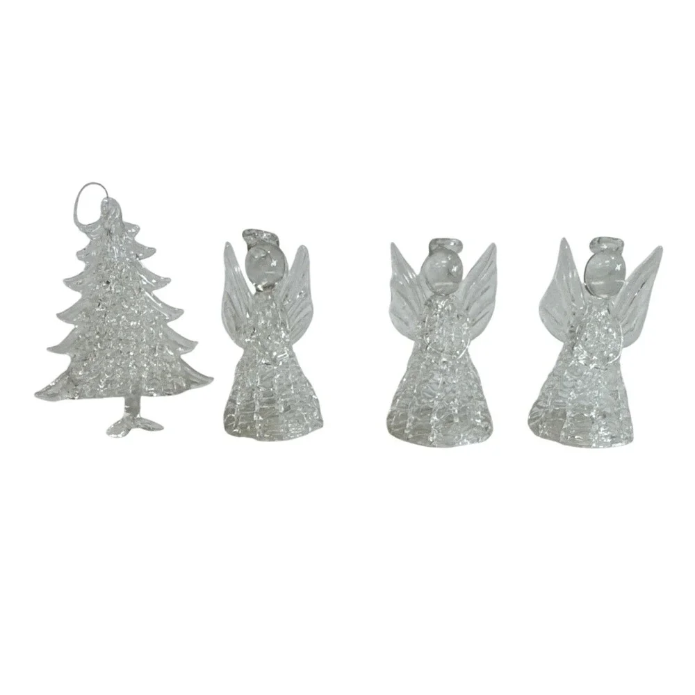 Vintage Spun Glass Angel (3) Christmas Tree (1)‎ Ornaments Lot Of 4 Clear Glass